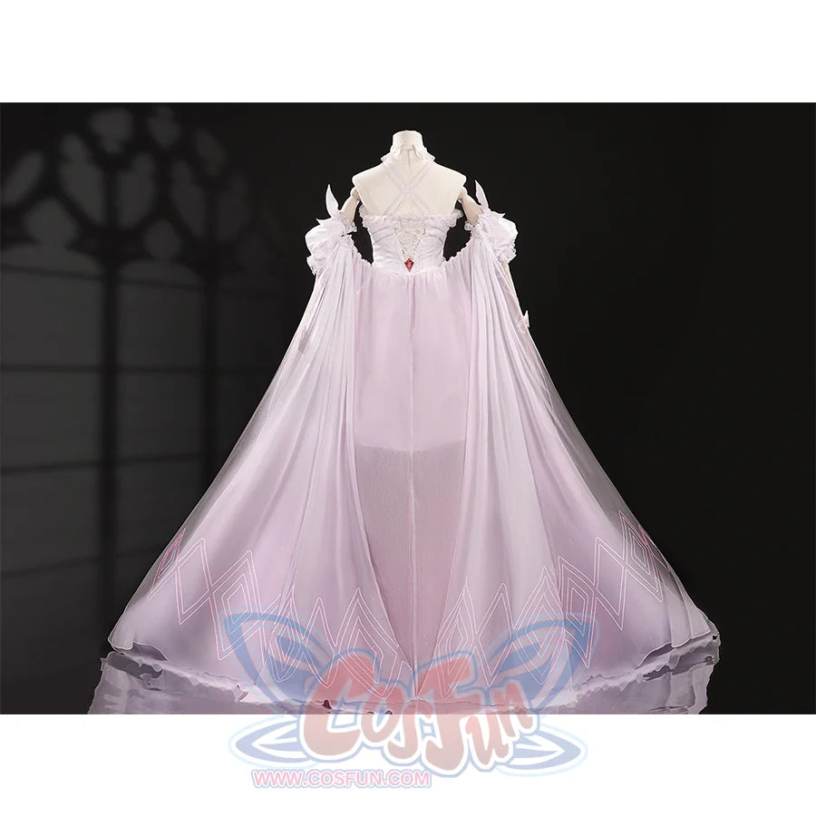Back view of FES Columbina cosplay costume with sheer pink cape and white geometric patterns