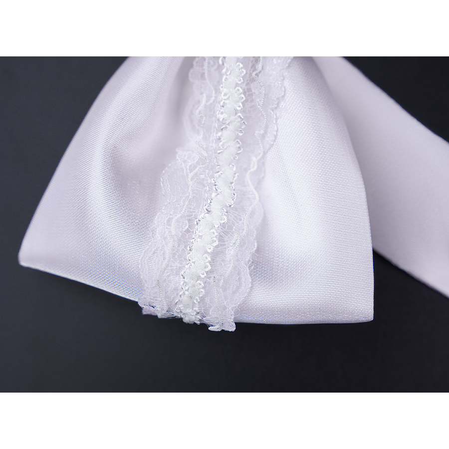 Close-up of FES Columbina cosplay costume white satin bow with delicate lace trim center detail