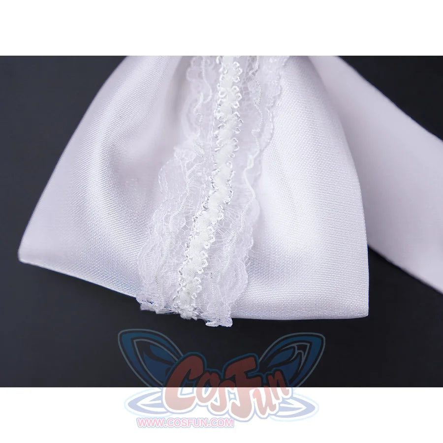 Close-up of FES Columbina cosplay costume white satin bow with delicate lace trim center detail