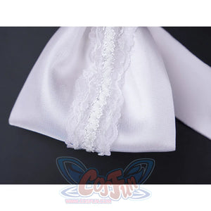 Close-up of FES Columbina cosplay costume white satin bow with delicate lace trim center detail