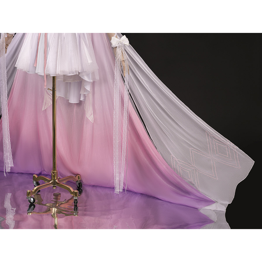 FES Columbina cosplay costume flowing pink cape with geometric patterns and sheer white overlay