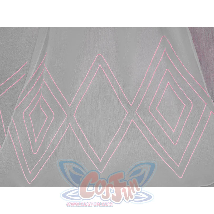 FES Columbina cosplay costume cape with pink geometric diamond pattern embroidery on sheer fabric