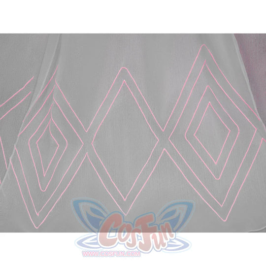 FES Columbina cosplay costume cape with pink geometric diamond pattern embroidery on sheer fabric