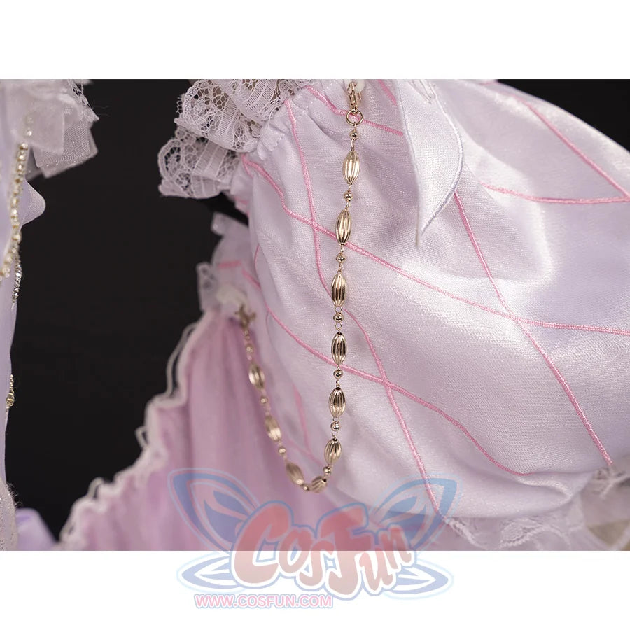 FES Columbina cosplay costume sleeve with decorative gold pearl chain and pink ribbon patterns