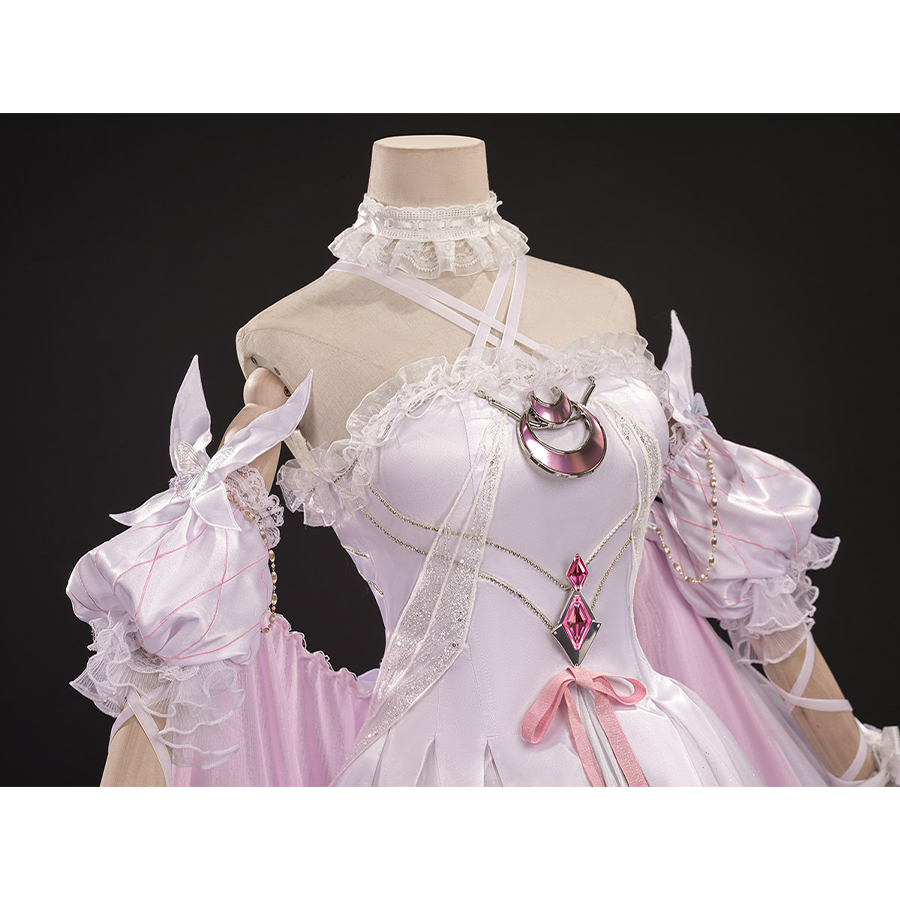 FES Columbina cosplay costume dress on mannequin showing pink bodice with crescent moon brooch