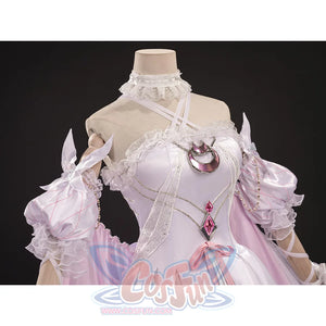 FES Columbina cosplay costume dress on mannequin showing pink bodice with crescent moon brooch
