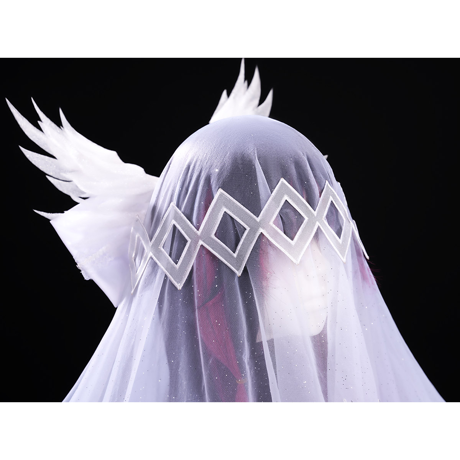 FES Columbina cosplay costume white eye mask with angel wings and geometric diamond pattern design