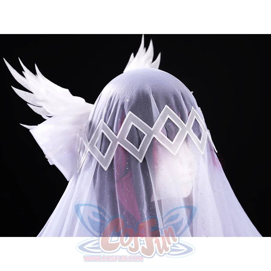 FES Columbina cosplay costume white eye mask with angel wings and geometric diamond pattern design