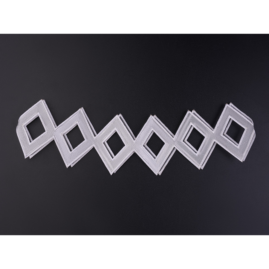 FES Columbina cosplay costume eye mask geometric white diamond pattern detail with silver accents