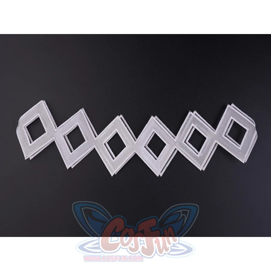 FES Columbina cosplay costume eye mask geometric white diamond pattern detail with silver accents