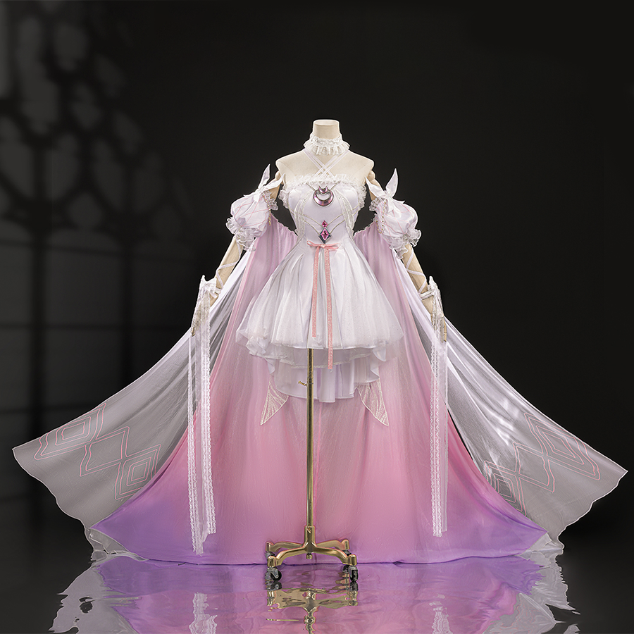 Full front view of FES Columbina cosplay costume with pink gradient dress and flowing white cape