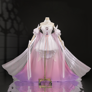 Full front view of FES Columbina cosplay costume with pink gradient dress and flowing white cape