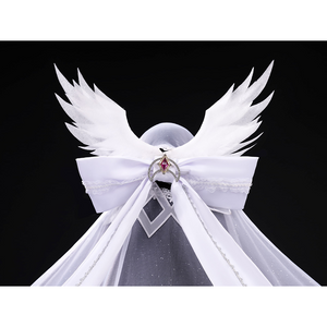 FES Columbina cosplay costume headpiece detail with angel wings and pink crescent moon gem brooch