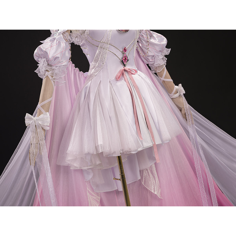 FES Columbina cosplay costume full dress on mannequin with layered pink skirt and white bodice