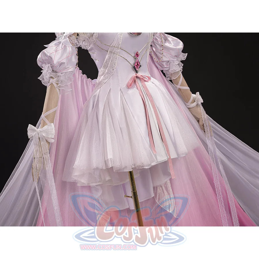 FES Columbina cosplay costume full dress on mannequin with layered pink skirt and white bodice