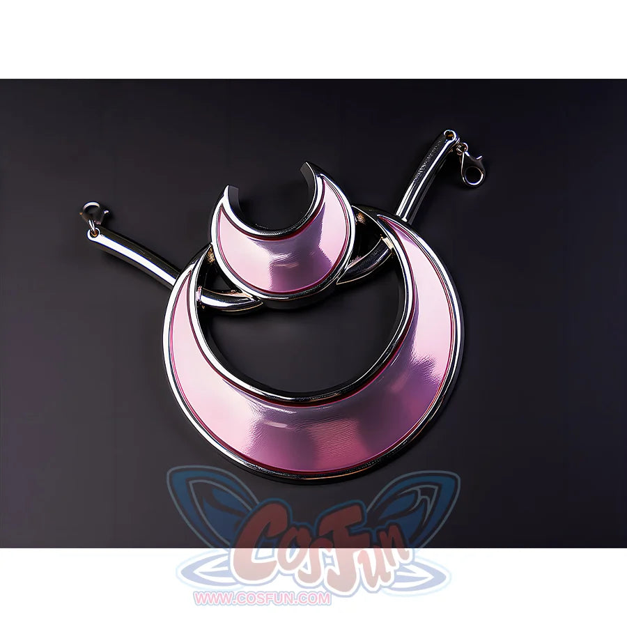 Detailed view of pink gradient crescent moon brooch accessory for FES Columbina cosplay costume