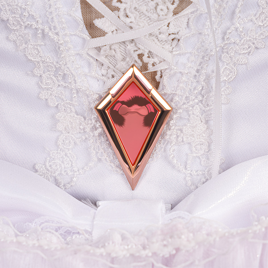 FES Columbina cosplay costume pink diamond-shaped metal prop with gold trim and raven silhouette