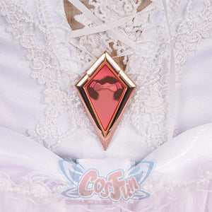 FES Columbina cosplay costume pink diamond-shaped metal prop with gold trim and raven silhouette