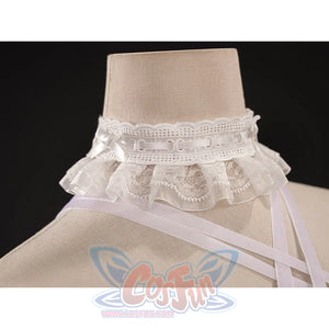 Elegant white lace collar necklace detail for FES Columbina cosplay costume with pearl trim