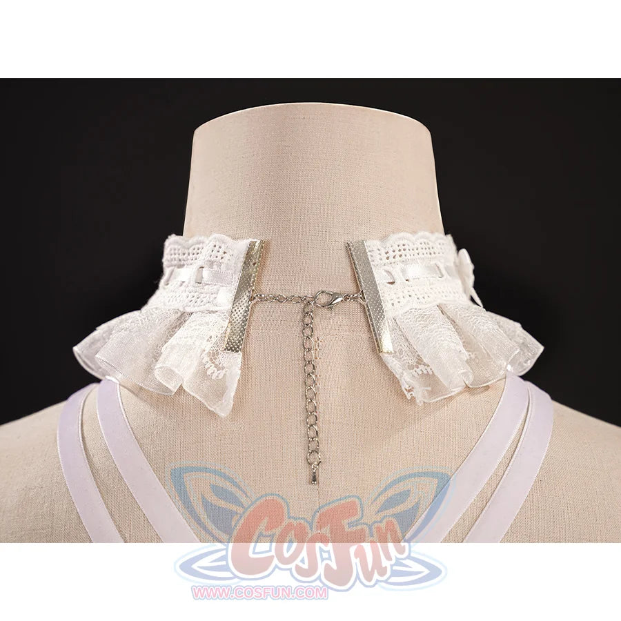 Back view of FES Columbina cosplay costume necklace with white ruffles and silver chain detail