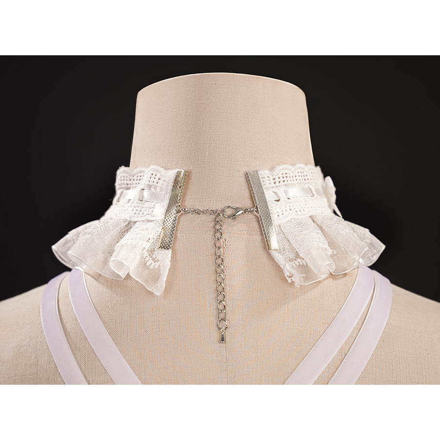 Back view of FES Columbina cosplay costume necklace with white ruffles and silver chain detail