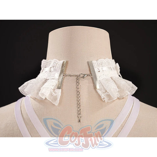 Back view of FES Columbina cosplay costume necklace with white ruffles and silver chain detail