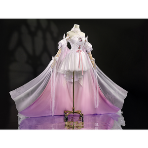 Side view of elegant FES Columbina cosplay costume showcasing flowing pink skirt and cape details