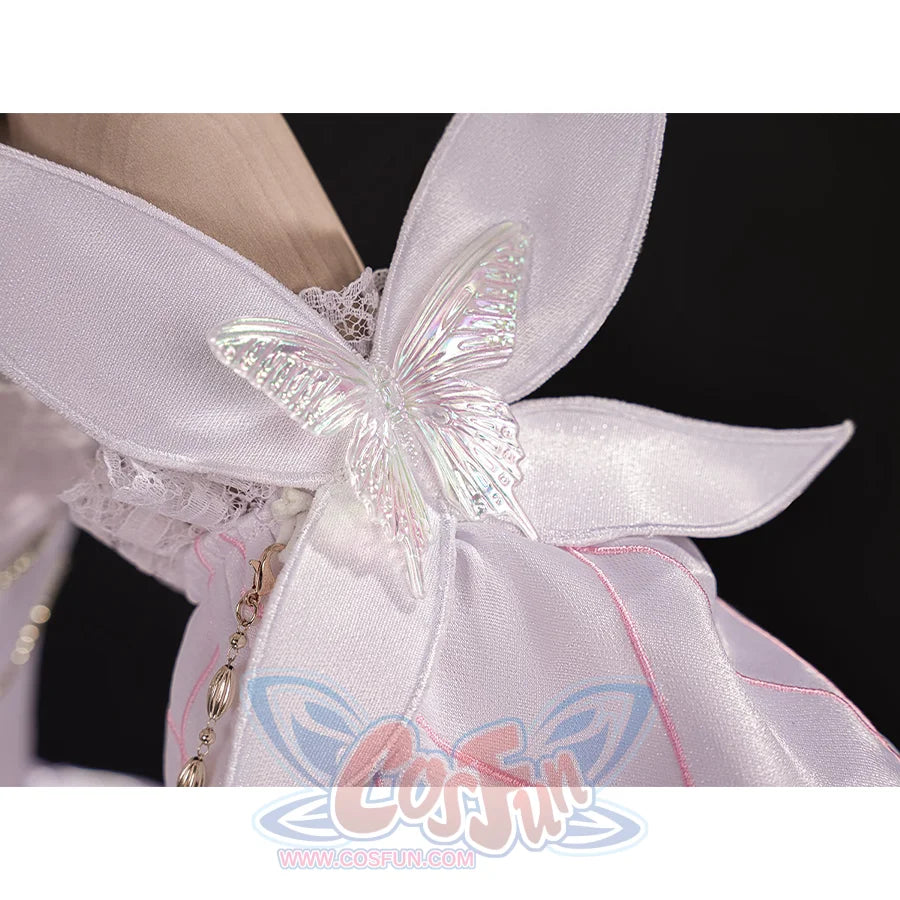 Iridescent butterfly embellishment on FES Columbina cosplay costume white ribbon sleeve detail