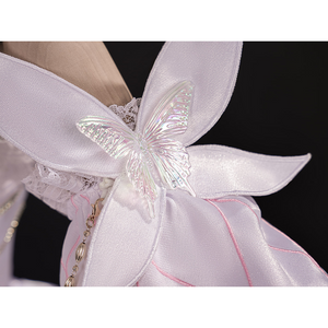 Iridescent butterfly embellishment on FES Columbina cosplay costume white ribbon sleeve detail