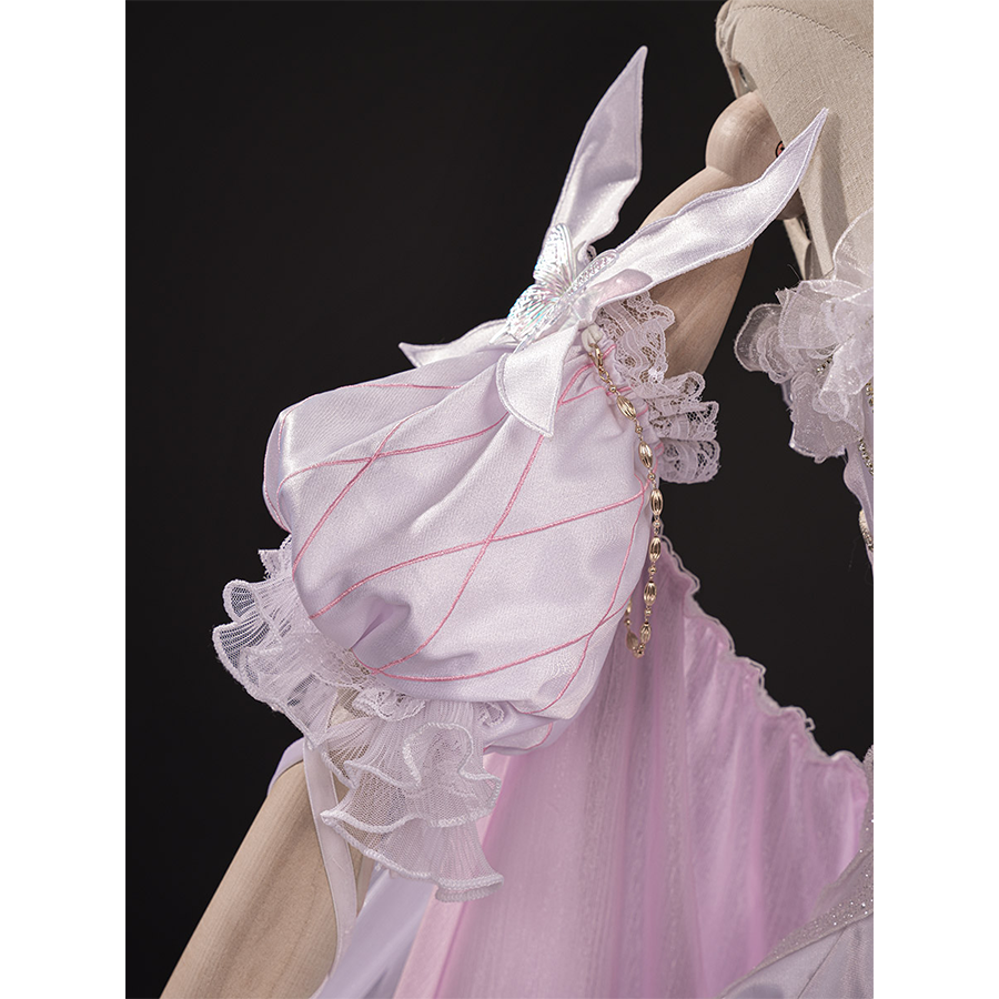 FES Columbina cosplay costume pink puffy sleeves with white ribbons, ruffles, and pearl details