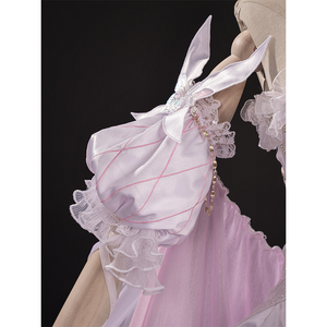 FES Columbina cosplay costume pink puffy sleeves with white ribbons, ruffles, and pearl details