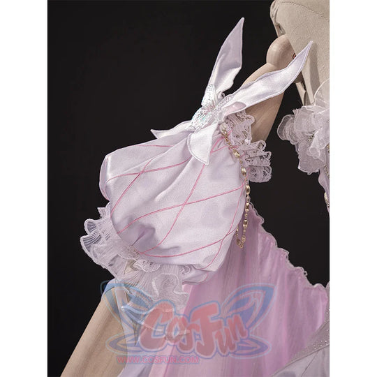 FES Columbina cosplay costume pink puffy sleeves with white ribbons, ruffles, and pearl details