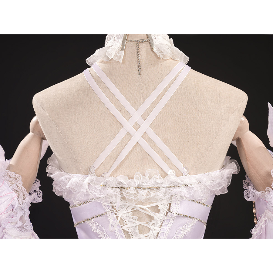 Detailed back view of FES Columbina cosplay costume with white crossed straps and lace-up design