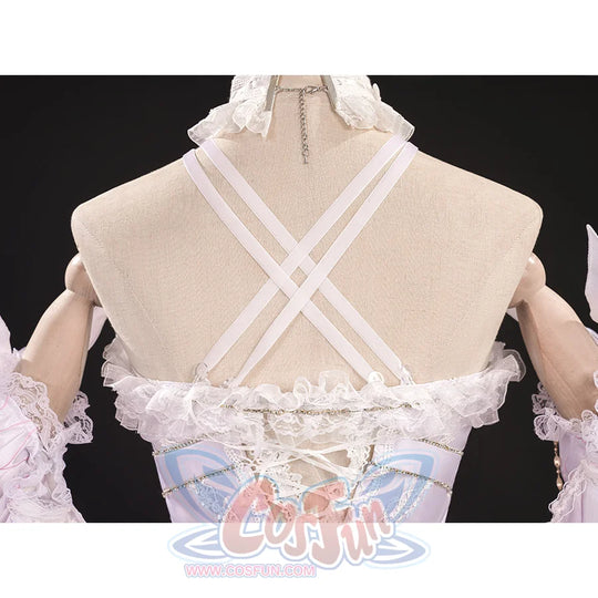 Detailed back view of FES Columbina cosplay costume with white crossed straps and lace-up design
