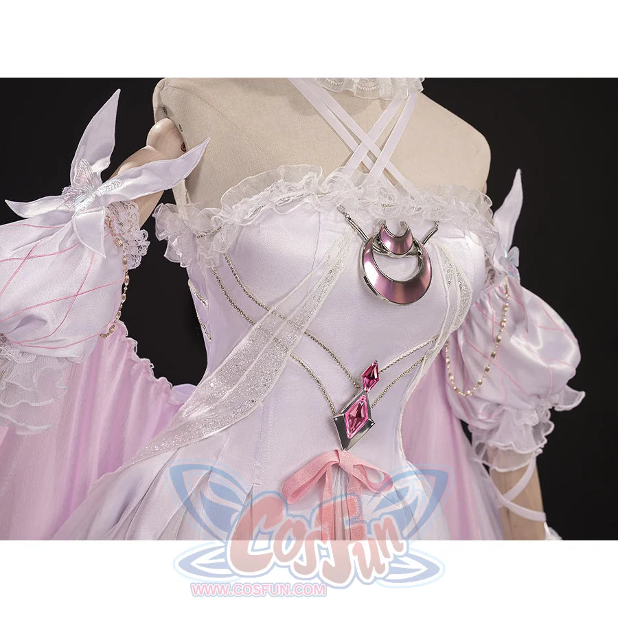 Upper body detail of FES Columbina cosplay costume featuring pink bodice and decorative chains