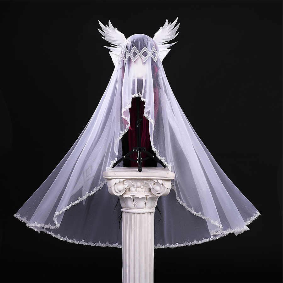 FES Columbina cosplay costume white veil headpiece with angel wings and geometric diamond patterns