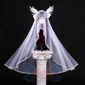 FES Columbina cosplay costume white veil headpiece with angel wings and geometric diamond patterns