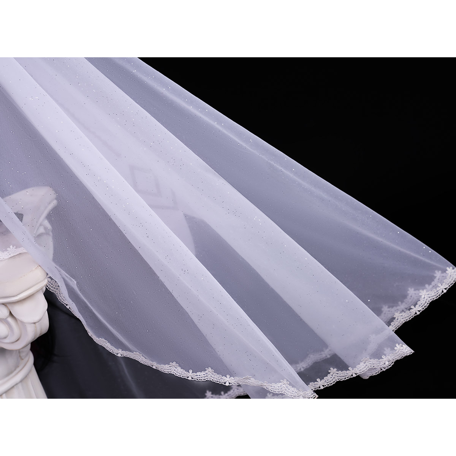 FES Columbina cosplay costume veil fabric detail with sheer white organza and delicate lace edging