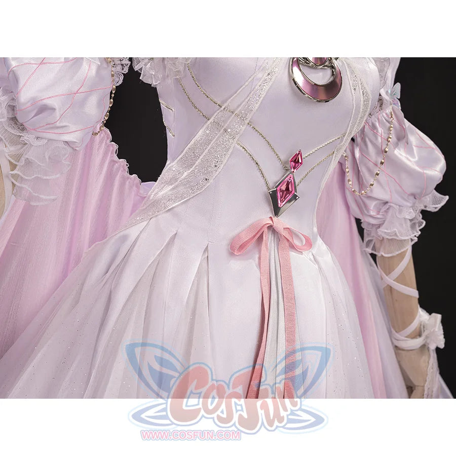 Waist detail of FES Columbina cosplay costume with pink ribbon bow and white pleated skirt
