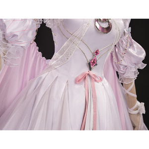 Waist detail of FES Columbina cosplay costume with pink ribbon bow and white pleated skirt
