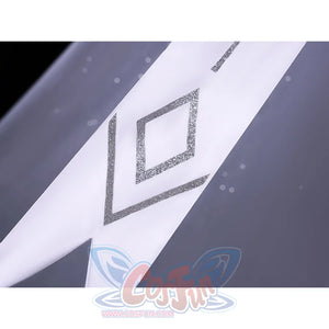 FES Columbina cosplay costume waist bow detail with silver glitter diamond embroidery on white