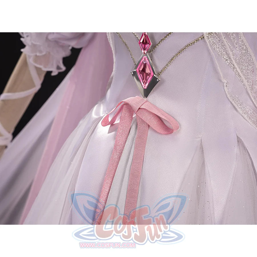 Left side view of FES Columbina cosplay costume waist with pink diamond gem necklace and bow