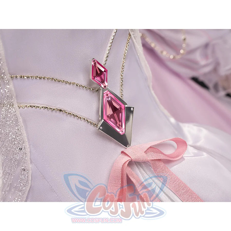 Pink diamond-shaped gem pendant necklace accessory detail for FES Columbina cosplay costume