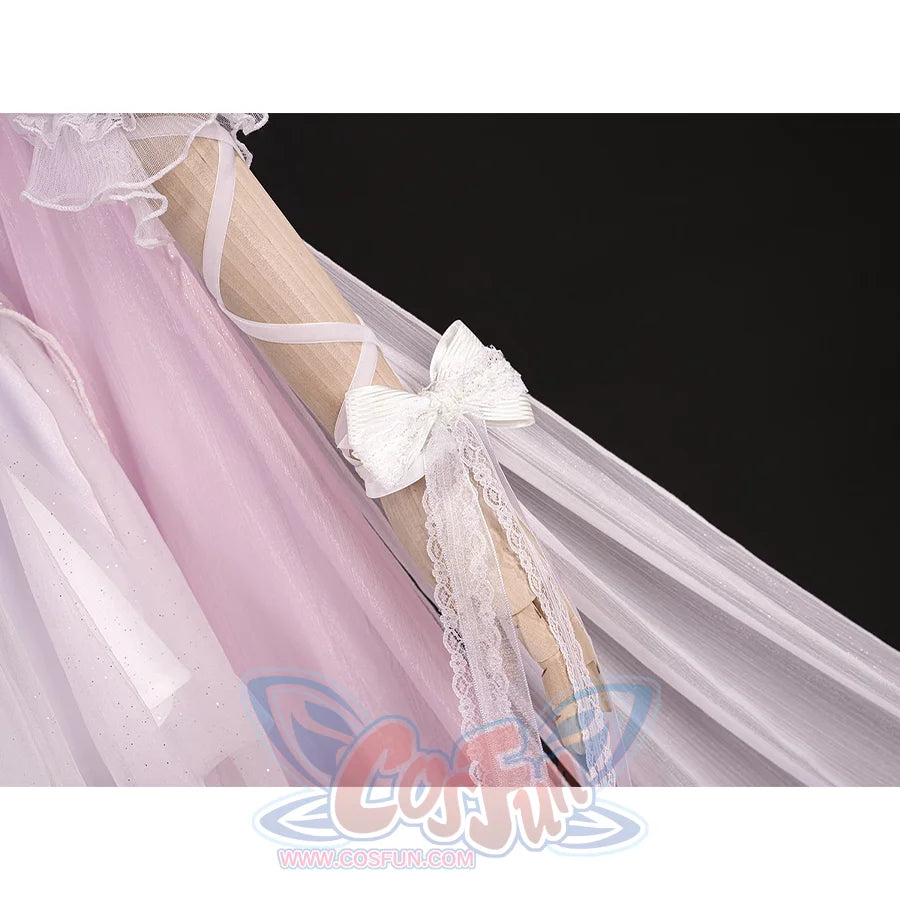 FES Columbina cosplay costume wrist bow with white butterfly charm and flowing pink sheer fabric