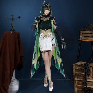 Genshin Impact Nefer Cosplay Costume, green and white outfit with large number of gold decorations, model front view