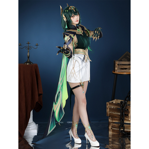 Genshin Impact Nefer Cosplay Costume, green and white outfit with large number of gold decorations, model left side view