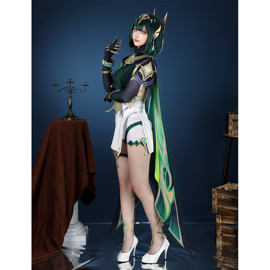 Genshin Impact Nefer Cosplay Costume, green and white outfit with large number of gold decorations, model right side view