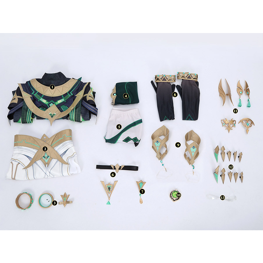 Genshin Impact Nefer Cosplay Costume all set, includes top, skirt, bracelet, vest, short, leg loops, shorts accessories, sleeves, leg covers, accessories, headwear, fingertips, shoulder straps