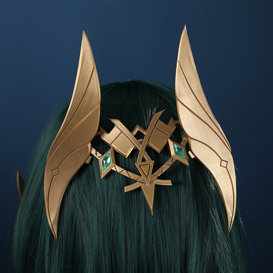 Genshin Impact Nefer Cosplay Costume, golden with green decoration headwear