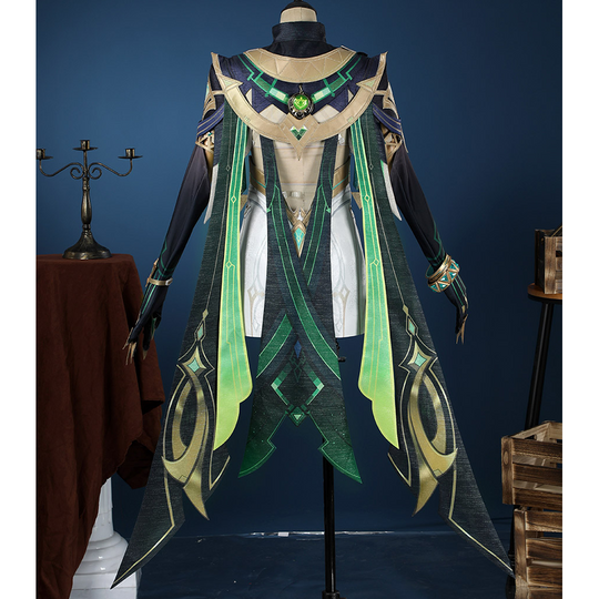 Genshin Impact Nefer Cosplay Costume, green and white outfit with rich pattern design, back view